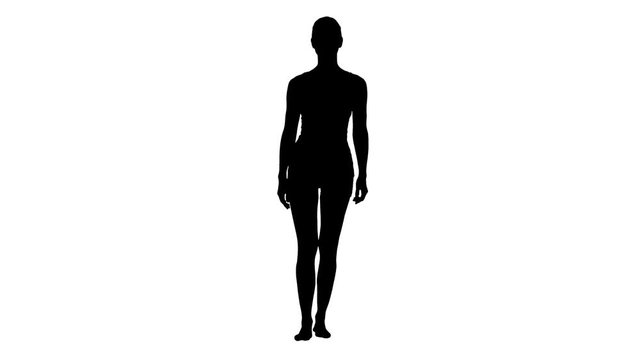 Silhouette Young blonde woman walking and pointing to side showing on something.