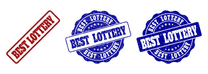 BEST LOTTERY grunge stamp seals in red and blue colors. Vector BEST LOTTERY labels with grunge style. Graphic elements are rounded rectangles, rosettes, circles and text tags.
