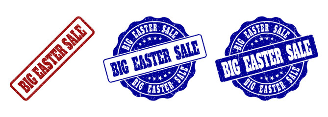 BIG EASTER SALE grunge stamp seals in red and blue colors. Vector BIG EASTER SALE watermarks with grunge effect. Graphic elements are rounded rectangles, rosettes, circles and text tags.