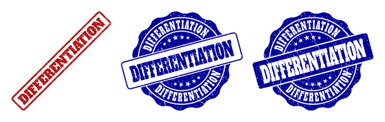 DIFFERENTIATION scratched stamp seals in red and blue colors. Vector DIFFERENTIATION labels with draft texture. Graphic elements are rounded rectangles, rosettes, circles and text labels.