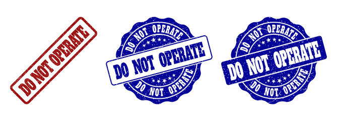 DO NOT OPERATE grunge stamp seals in red and blue colors. Vector DO NOT OPERATE labels with dirty effect. Graphic elements are rounded rectangles, rosettes, circles and text labels.