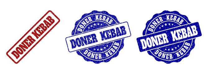 DONER KEBAB grunge stamp seals in red and blue colors. Vector DONER KEBAB labels with dirty surface. Graphic elements are rounded rectangles, rosettes, circles and text labels.