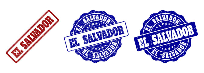 EL SALVADOR grunge stamp seals in red and blue colors. Vector EL SALVADOR labels with distress texture. Graphic elements are rounded rectangles, rosettes, circles and text labels.