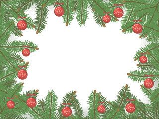 A vector Christmas card framed by green spruce branches in a circle border with bright red Christmas balls with snowflakes on a white background.