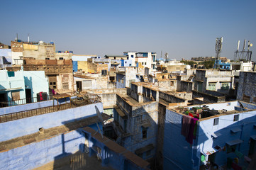 Fototapeta premium Close-up view of some roofs in the blue city of Jodhpur, India.