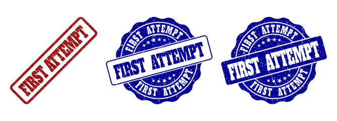FIRST ATTEMPT grunge stamp seals in red and blue colors. Vector FIRST ATTEMPT labels with scratced surface. Graphic elements are rounded rectangles, rosettes, circles and text labels.