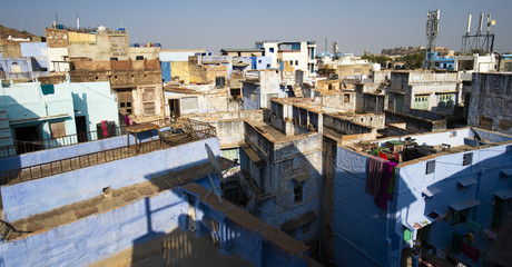 Fototapeta premium Close-up view of some roofs in the blue city of Jodhpur, India.