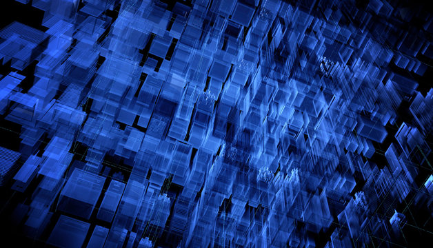 Digital 3d rendering city. Light trails symbolise data travelling in modern city. Flowing data particles and random shapes - Powered by Adobe