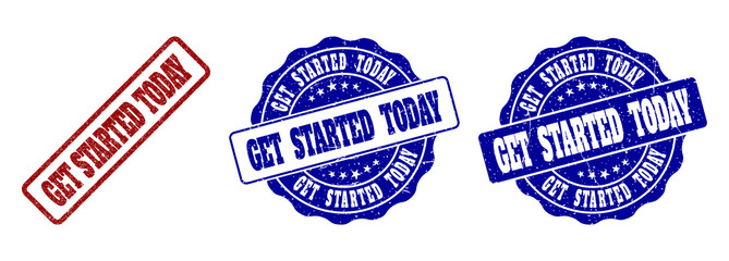 GET STARTED TODAY grunge stamp seals in red and blue colors. Vector GET STARTED TODAY overlays with dirty surface. Graphic elements are rounded rectangles, rosettes, circles and text labels.