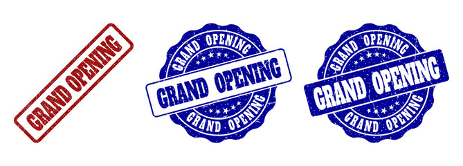 GRAND OPENING grunge stamp seals in red and blue colors. Vector GRAND OPENING imprints with grunge texture. Graphic elements are rounded rectangles, rosettes, circles and text tags.