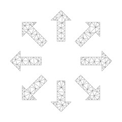 Mesh vector explode arrows icon on a white background. Mesh carcass gray explode arrows image in lowpoly style with connected triangles, nodes and lines.