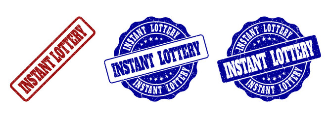 INSTANT LOTTERY grunge stamp seals in red and blue colors. Vector INSTANT LOTTERY imprints with grunge texture. Graphic elements are rounded rectangles, rosettes, circles and text labels.