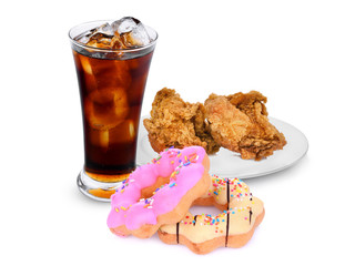 crispy kentucky fried chicken with fresh coke and donut isolated on white background, food is not good for health