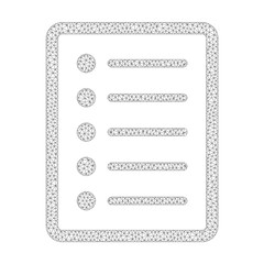 Mesh vector list page icon on a white background. Polygonal wireframe gray list page image in low poly style with connected triangles, points and lines.