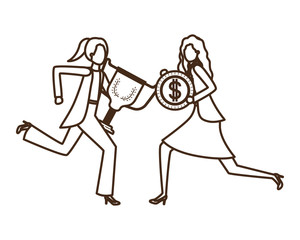 businesswomen with trophy and coin character