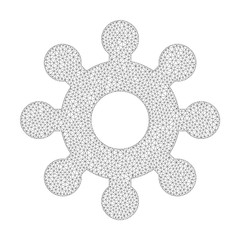 Polygonal vector mechanics gear icon on a white background. Mesh carcass grey mechanics gear image in lowpoly style with organized triangles, dots and linear items.