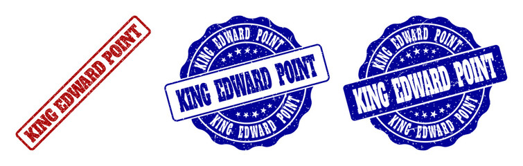 KING EDWARD POINT grunge stamp seals in red and blue colors. Vector KING EDWARD POINT labels with scratced texture. Graphic elements are rounded rectangles, rosettes, circles and text tags.