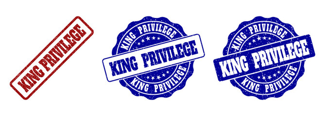 KING PRIVILEGE scratched stamp seals in red and blue colors. Vector KING PRIVILEGE labels with draft texture. Graphic elements are rounded rectangles, rosettes, circles and text labels.