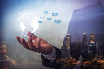 Human hand holding our planet earth glowing connection concept.Social media concept.