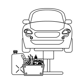 Car on hydraulic arm with container and toolbox in black and white
