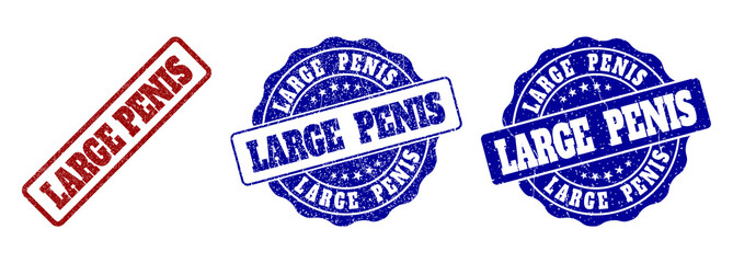 Obraz premium LARGE PENIS grunge stamp seals in red and blue colors. Vector LARGE PENIS overlays with grunge style. Graphic elements are rounded rectangles, rosettes, circles and text labels.