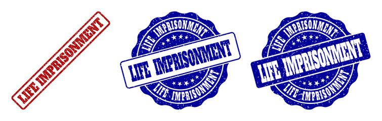 LIFE IMPRISONMENT grunge stamp seals in red and blue colors. Vector LIFE IMPRISONMENT signs with grunge effect. Graphic elements are rounded rectangles, rosettes, circles and text captions.