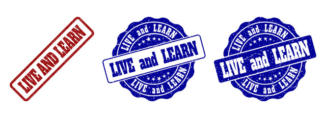 LIVE AND LEARN grunge stamp seals in red and blue colors. Vector LIVE AND LEARN overlays with grunge style. Graphic elements are rounded rectangles, rosettes, circles and text tags.