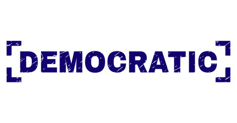 DEMOCRATIC tag seal stamp with grunge texture. Text tag is placed inside corners. Blue vector rubber print of DEMOCRATIC with grunge texture.