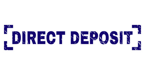 DIRECT DEPOSIT text seal print with grunge style. Text tag is placed between corners. Blue vector rubber print of DIRECT DEPOSIT with grunge texture.