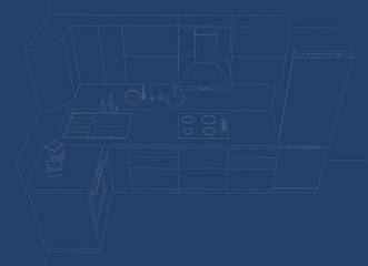 Blueprint of L-shaped kitchen. White lines on a blue background. Top view.