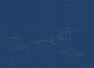 Layout of modern L-shaped kitchen counter. White lines on a blue background.