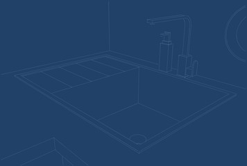 Layout of kitchen sink. White lines on a blue background.