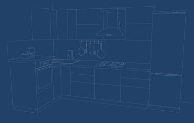 Obraz premium Blueprint of modern kitchen. White lines on a blue background.
