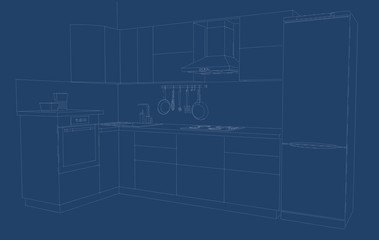Layout of modern kitchen. White lines on a blue background. Front view. 