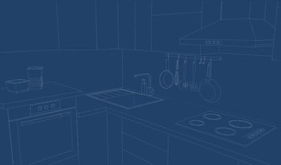 Layout of modern L-shaped kitchen counter. White lines on a blue background.