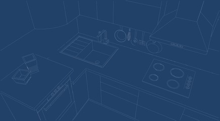 Layout of kitchen counter top. White lines on a blue background. Top view.