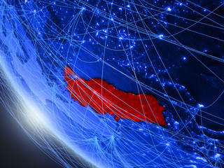 Turkey on blue digital planet Earth from space with network. Concept of international communication, technology and travel.