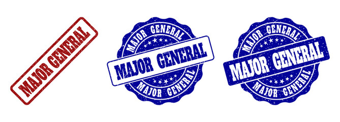 MAJOR GENERAL scratched stamp seals in red and blue colors. Vector MAJOR GENERAL labels with grainy effect. Graphic elements are rounded rectangles, rosettes, circles and text labels.