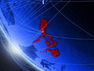 Philippines on blue digital planet Earth from space with network. Concept of international communication, technology and travel.