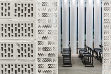 Light brick partitions on the background of the hall