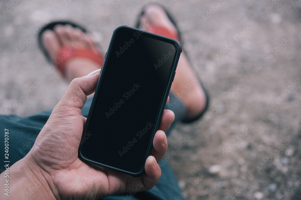 Aufkleber close up of hand person using smart-phone mock up