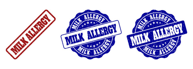 MILK ALLERGY scratched stamp seals in red and blue colors. Vector MILK ALLERGY overlays with grainy texture. Graphic elements are rounded rectangles, rosettes, circles and text titles.