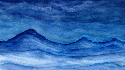 Winter. Snowy mountains at night in watercolor