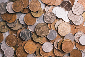 close up on 500 coins and other kind coins of Japanese Yen