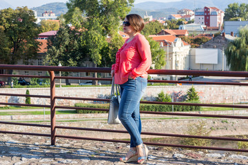 Girl in Pink Blouse and Jeans Posing