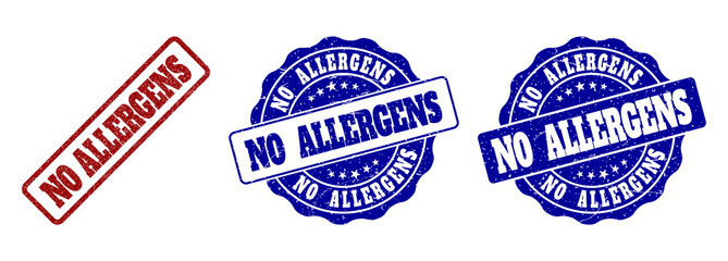 NO ALLERGENS scratched stamp seals in red and blue colors. Vector NO ALLERGENS labels with draft style. Graphic elements are rounded rectangles, rosettes, circles and text labels.