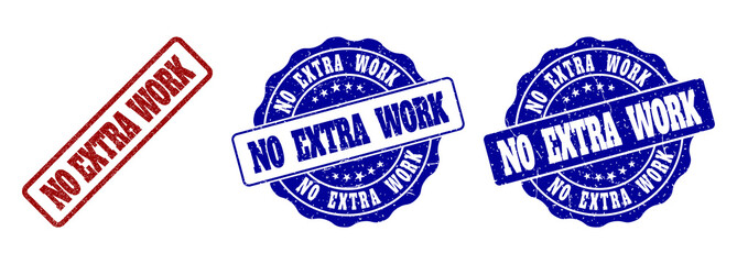 NO EXTRA WORK grunge stamp seals in red and blue colors. Vector NO EXTRA WORK labels with grunge effect. Graphic elements are rounded rectangles, rosettes, circles and text captions.