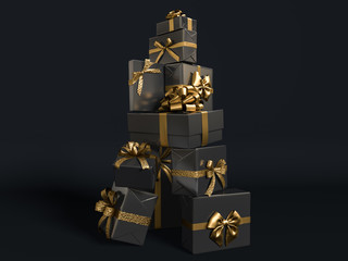 Gifts stack with golden ribbon isolated. Christmas present pile, many gifts stacked. Black Birthday background3d rendering.