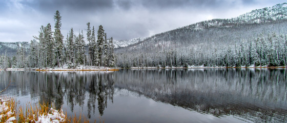Light snow covered trees and mountain with reflection on lake