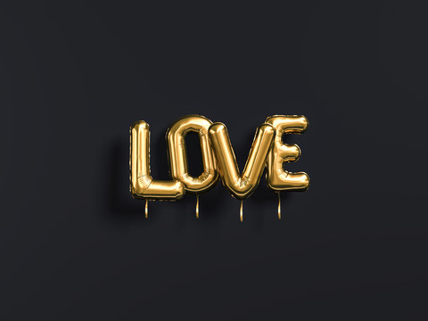Love word gold letters on black background, 3d rendering